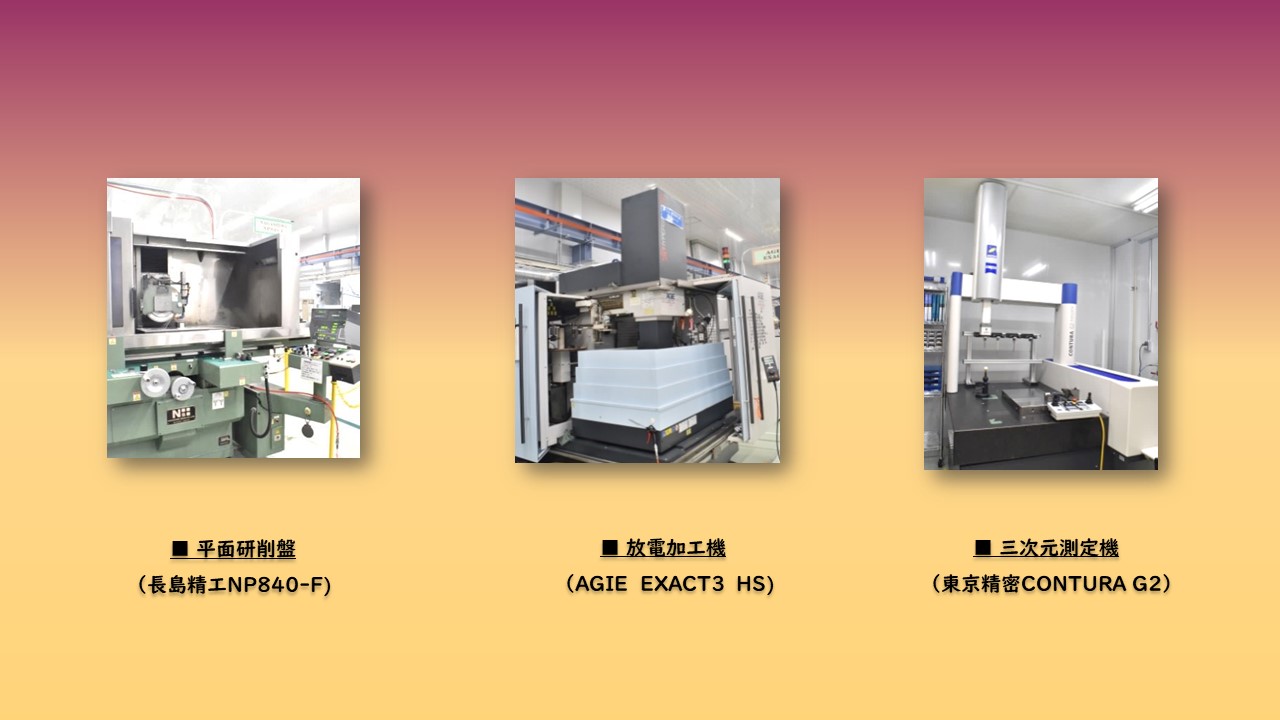 ■平面研削盤 　（長島精工NP840-F)　■放電加工機 　（AGIE　EXACT3　HS)　■三次元測定機 　（東京精密CONTURA G2）