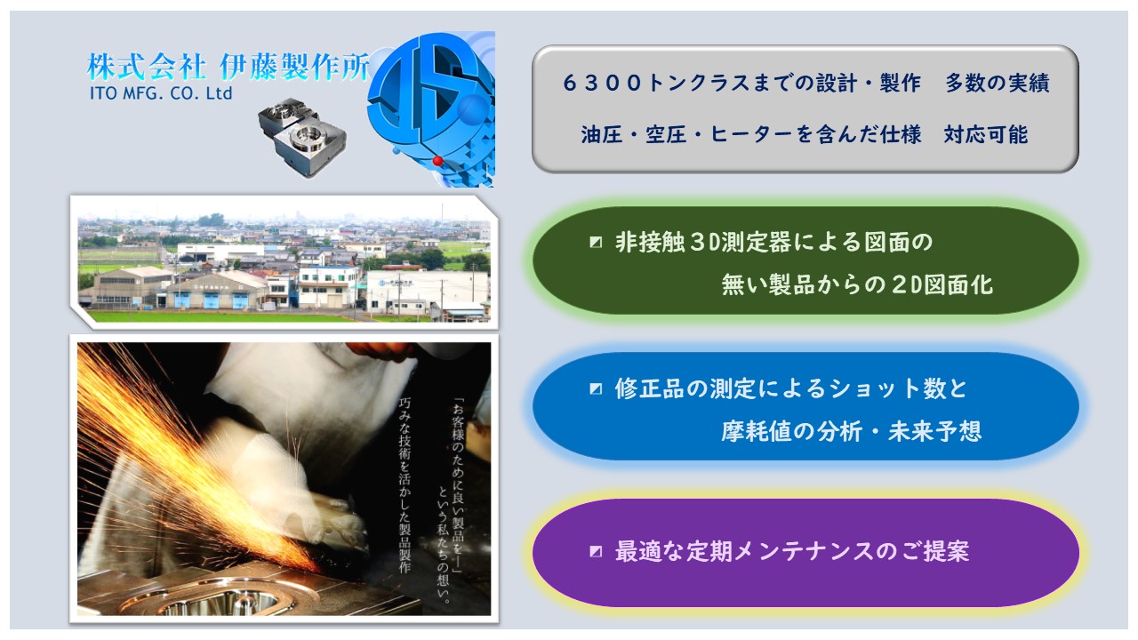 ６３００トンクラスまでの設計・製作　多数の実績 油圧・空圧・ヒーターを含んだ仕様対応可能　非接触３D測定器による図面の無い製品からの２D図面化　修正品の測定によるショット数と摩耗値の分析・未来予想　最適な定期メンテナンスのご提案