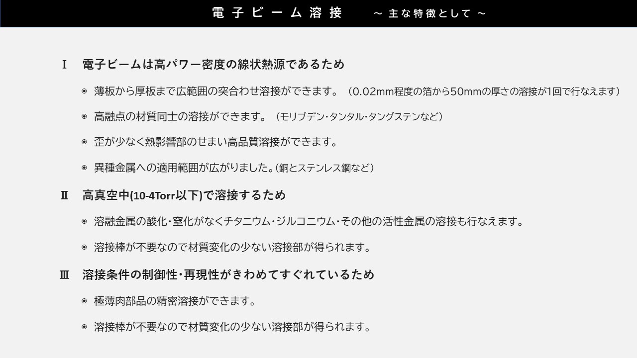 薄板から厚板まで広範囲の突合わせ溶接ができます。(0.02mm程度の箔から50mmの厚さの溶接が1回で行なえます) 高融点の材質同士の溶接ができます。(モリブデン･タンタル･タングステンなど) 歪が少なく熱影響部のせまい高品質溶接ができます。 異種金属への適用範囲が広がりました。(銅とステンレス鋼など)　溶融金属の酸化･窒化がなくチタニウム･ジルコニウム･その他の活性金属の溶接も行なえます。 溶接棒が不要なので材質変化の少ない溶接部が得られます　極薄肉部品の精密溶接ができます。 溶接棒が不要なので材質変化の少ない溶接部が得られます