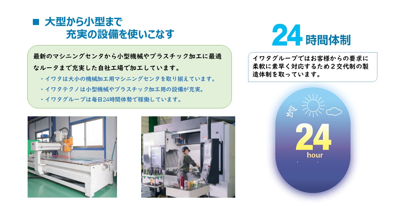 小型機械やプラスチック加工用の設備が充実。毎日24時間体勢で稼働 最新のマシニングセンタから小型機械やプラスチック加工に最適なルータ