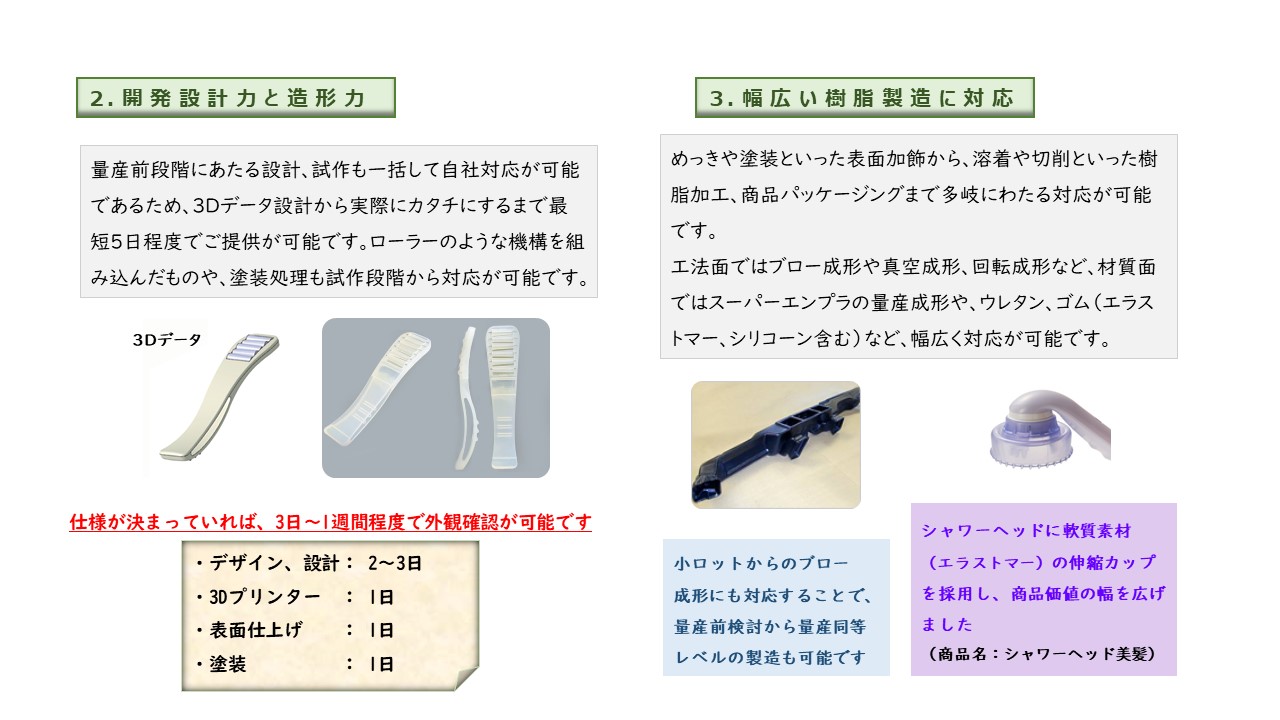 量産前段階にあたる設計、試作も一括して自社対応が可能であるため、3Dデータ設計から実際にカタチにするまで最短5日程度でご提供が可能です。ローラーのような機構を組み込んだものや、塗装処理も試作段階から対応が可能です　めっきや塗装といった表面加飾から、溶着や切削といった樹脂加工、商品パッケージングまで多岐にわたる対応が可能です　工法面ではブロー成形や真空成形、回転成形など、材質面ではスーパーエンプラの量産成形や、ウレタン、ゴム（エラストマー、シリコーン含む）など、幅広く対応が可能　小ロットからのブロー成形 にも対応することで、量産 前検討から量産同等レベル の製造も可能　シャワーヘッドに軟質素材（エラストマー）の伸縮カップを採用し、商品価値の幅を広げました （商品名：シャワーヘッド美髪）　