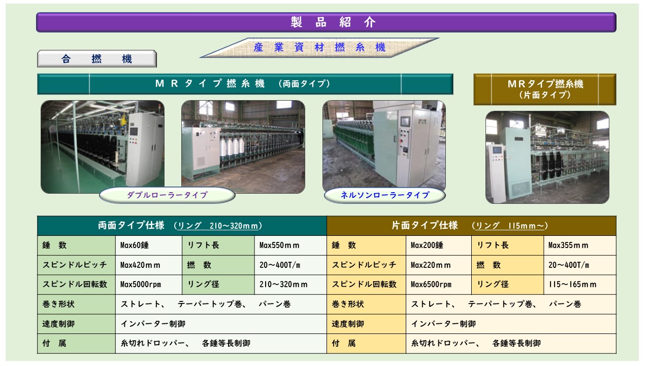 産業資材撚糸機　合　撚　機　MRタイプ撚糸機（両面タイプ）　MRタイプ撚糸機 （片面タイプ）　ダブルローラータイプ　ネルソンローラータイプ　ストレート、テーパートップ巻　　パーン巻　インバーター制御　糸切れドロッパー　　各錘等長制御