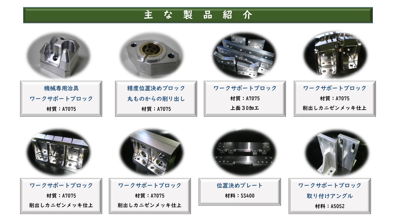 機械専用治具 ワークサポートブロック 材質：A7075　精度位置決めブロック 丸ものからの削り出し 材質：A7075　ワークサポートブロック 材質：A7075 上面３D加工　ワークサポートブロック 材質：A7075 削出しカニゼンメッキ仕上　ワークサポートブロック 材質：A7075 削出しカニゼンメッキ仕上　ワークサポートブロック 材質：A7075 削出しカニゼンメッキ仕上　位置決めプレート 材料：SS400　ワークサポートブロック 取り付けアングル 材料：A5052