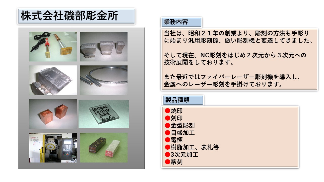 焼印 刻印　 金型彫刻 　目盛加工 　電極 　樹脂加工、表札等 　3次元加工　篆刻