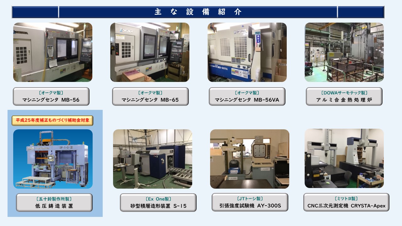 マシニングセンタ　MB-56　マシニングセンタ　MB-65　マシニングセンタ　MB-56VA　ア ル ミ 合 金 熱 処 理 炉　低 圧 鋳 造 装 置　砂型積層造形装置　S-15　引張強度試験機　AY-300S　CNC三次元測定機　CRYSTA-Apex