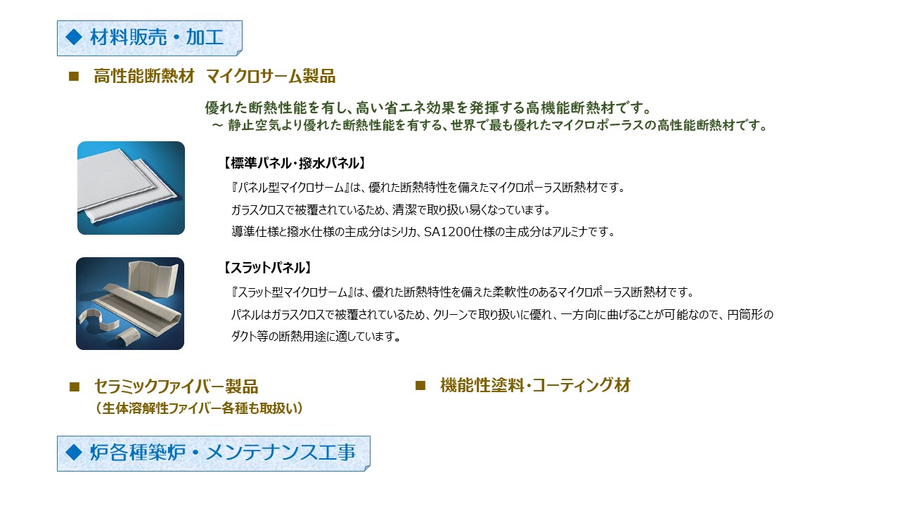 高性能断熱材　マイクロサーム製品　マイクロポーラスの高性能断熱材　標準パネル・撥水パネル　スラットパネル　セラミックファイバー製品　生体溶解性ファイバー各種　機能性塗料・コーティング材　炉各種築炉・メンテナンス工事　材料販売・加工