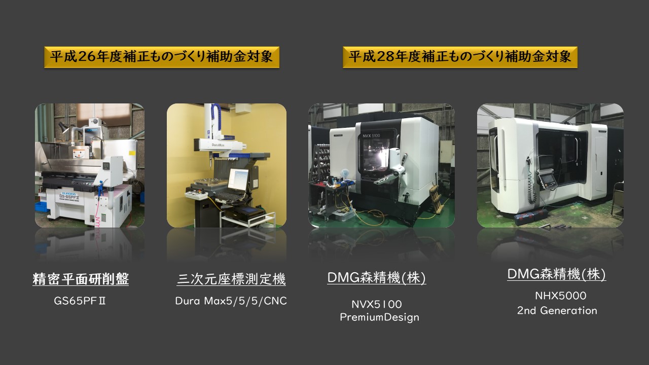 精密平面研削盤 GS65PFⅡ　三次元座標測定機Dura 　Max5/5/5/CNC　DMG森精機(株)NVX5100 PremiumDesign　DMG森精機(株)NHX5000 2nd Generation