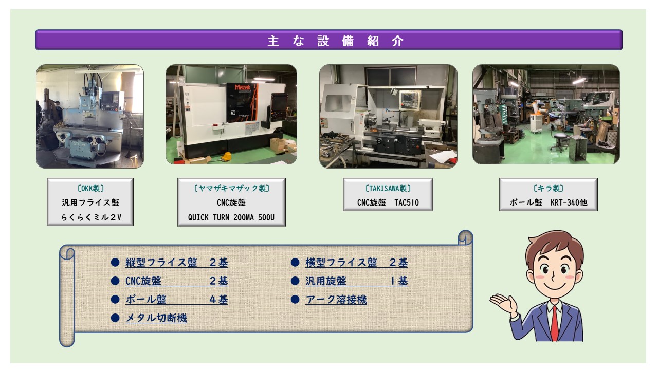 〔OKK製〕 汎用フライス盤　 らくらくミル２V　〔ヤマザキマザック製〕 CNC旋盤 QUICK　TURN　200MA　500U　〔TAKISAWA製〕 CNC旋盤　TAC510　ボール盤 〔キラ製〕KRT-340　縦型フライス盤　横型フライス盤　CNC旋盤　汎用旋盤　ボール盤　アーク溶接機　メタル切断機