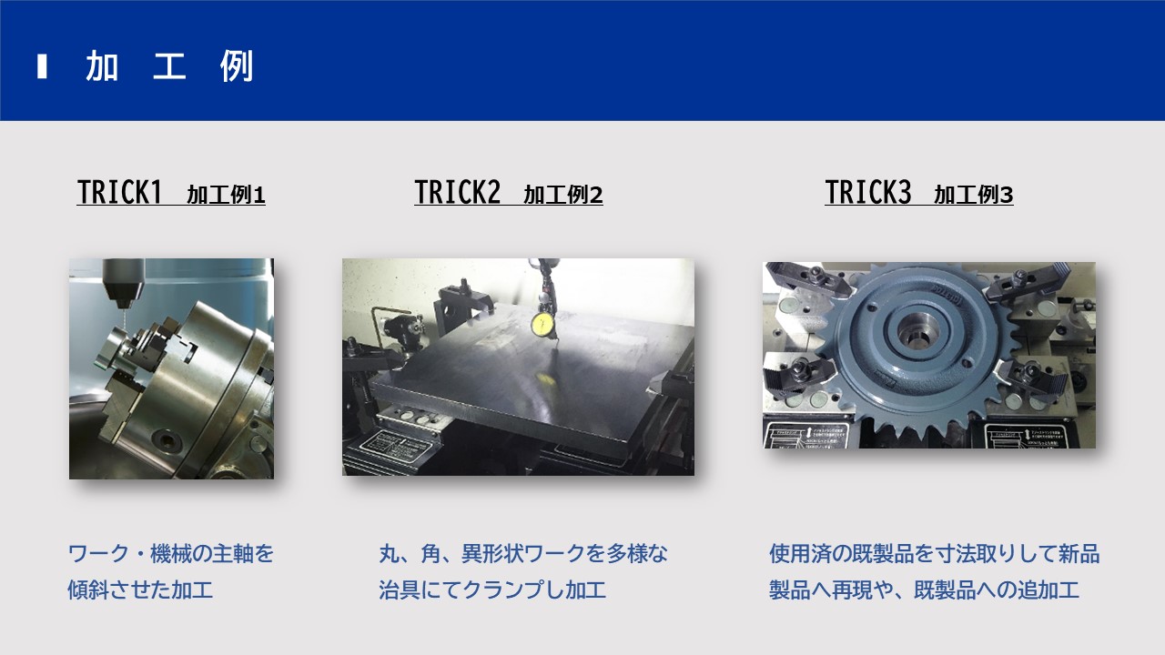 ワーク・機械の主軸を傾斜させた加工　丸、角、異形状ワークを多様な治具にてクランプし加工　使用済の既製品を寸法取りして新品製品へ再現や、 既製品への追加工