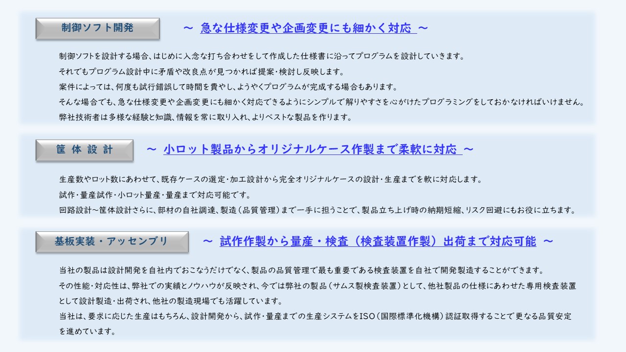 制御ソフト開発 仕様変更や企画変更にも細かく対応 筐体設計 小ロット製品からオリジナルケース作製まで柔軟に対応 基板実装・アッセンブリ 試作作製から量産・検査（検査装置作製）出荷まで対応可能