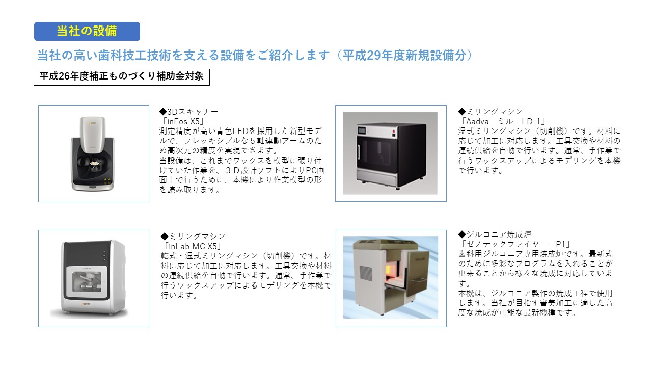 当社の高い歯科技工技術　3Dスキャナー　ミリングマシン　ミリングマシン　ジルコニア焼成炉