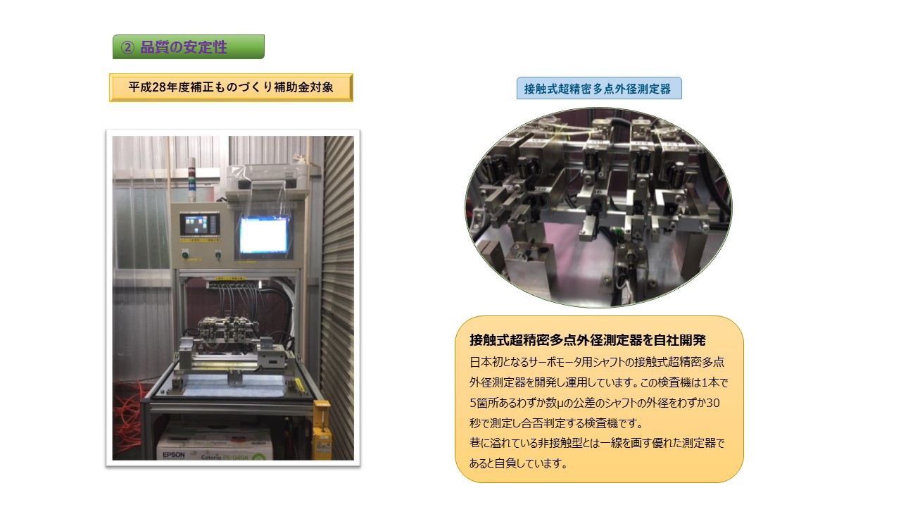 接触式超精密多点外径測定器　接触式超精密多点外径測定器を自社開発　サーボモータ用シャフトの接触式超精密多点外径測定器