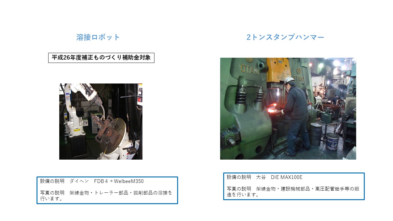架線金物 トレーラー部品 掘削部品の溶接 建設機械部品 高圧配管継手等の鍛造