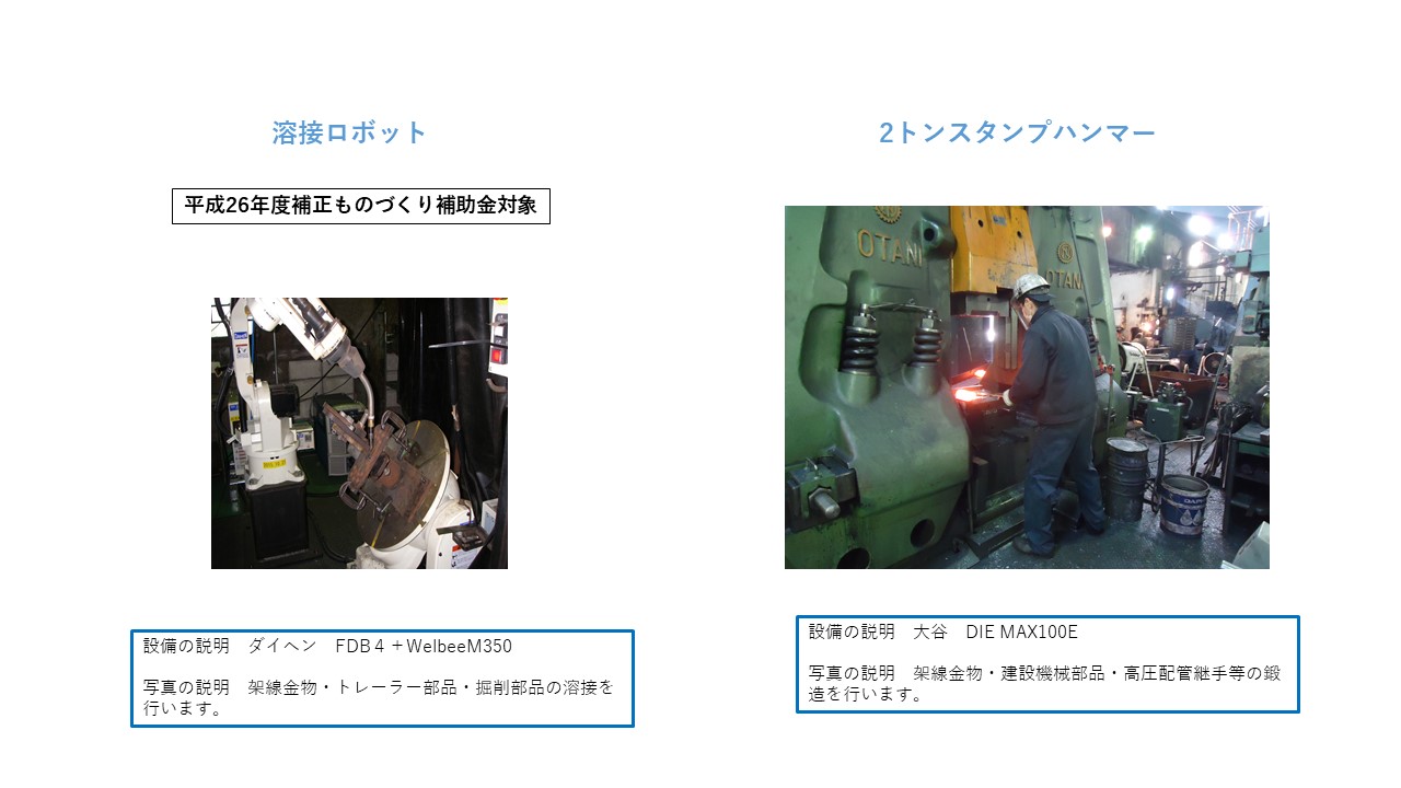 架線金物　トレーラー部品　掘削部品の溶接　建設機械部品　高圧配管継手等の鍛造　　　