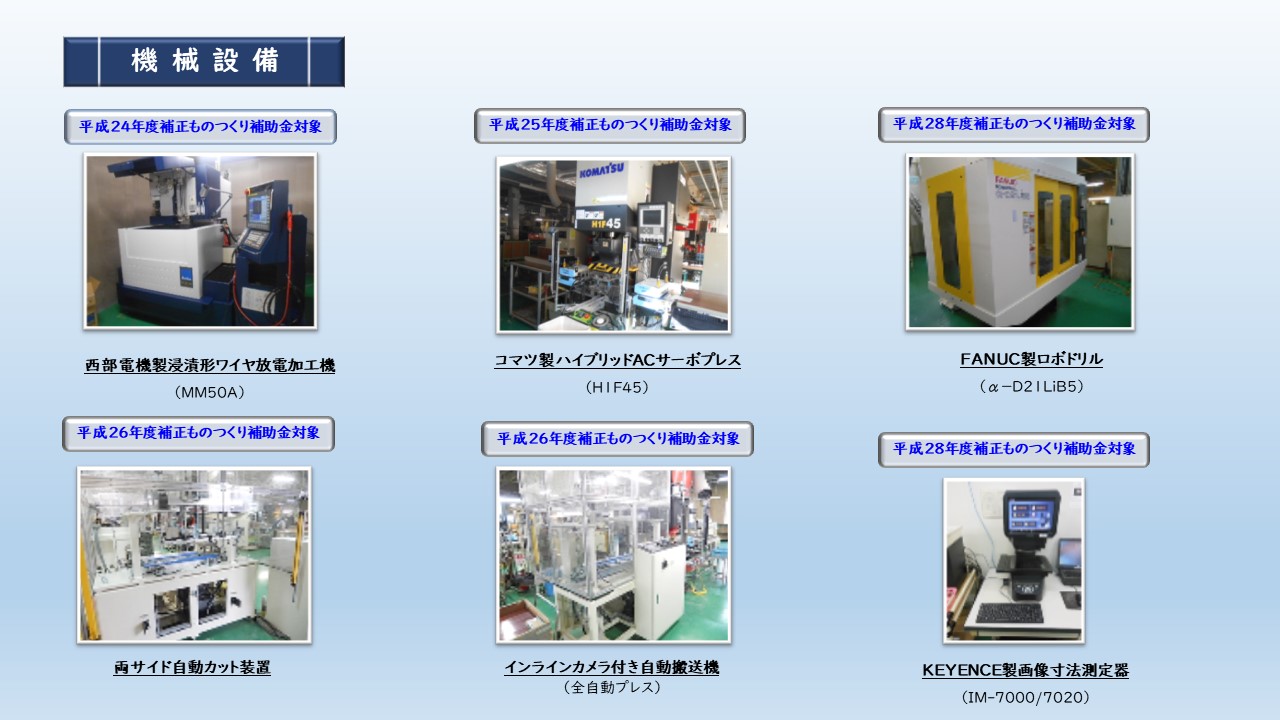 西部電機製浸漬形ワイヤ放電加工機 MM50A　コマツ製ハイブリッドACサーボプレス H1F45　FANUC製ロボドリル α－D21LiB5　両サイド自動カット装置　インラインカメラ付き自動搬送機 （全自動プレス）　KEYENCE製画像寸法測定器 IM-7000/7020