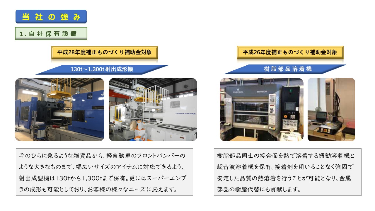 手のひらに乗るような雑貨品から、軽自動車のフロントバンパーのような大きなものまで　射出成型機は130tから1,300tまで保有。更にはスーパーエンプラの成形も可能　130t～1,300t 射出成形機　樹脂部品溶着機　樹脂部品同士の接合面を熱で溶着する振動溶着機と超音波溶着機を保有。接着剤を用いることなく強固で安定した品質の熱溶着を行うことが可能となり、金属部品の樹脂代替にも貢献