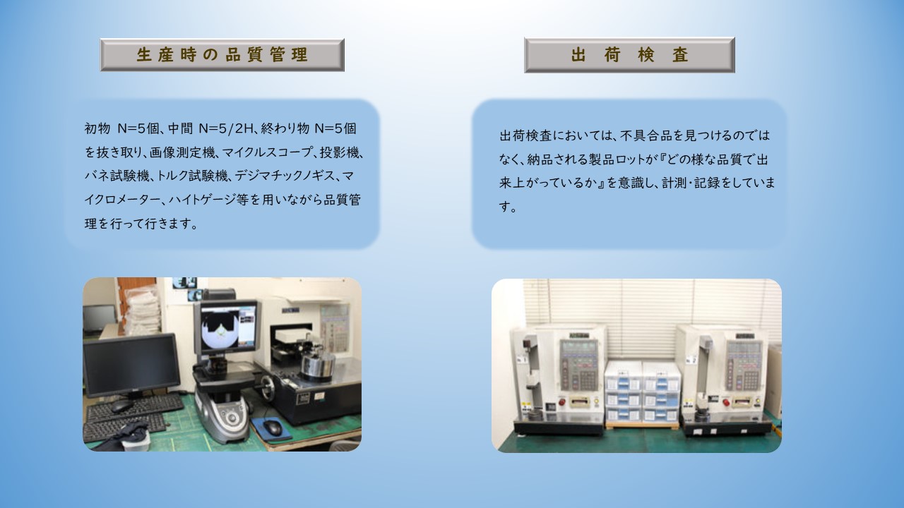 初物　Ｎ＝5個、中間　Ｎ＝5/2Ｈ、終わり物　Ｎ＝5個を抜き取り、画像測定機、マイクルスコープ、投影機、バネ試験機、トルク試験機、デジマチックノギス、マイクロメーター、ハイトゲージ等を用いながら品質管理を行って行きます。　