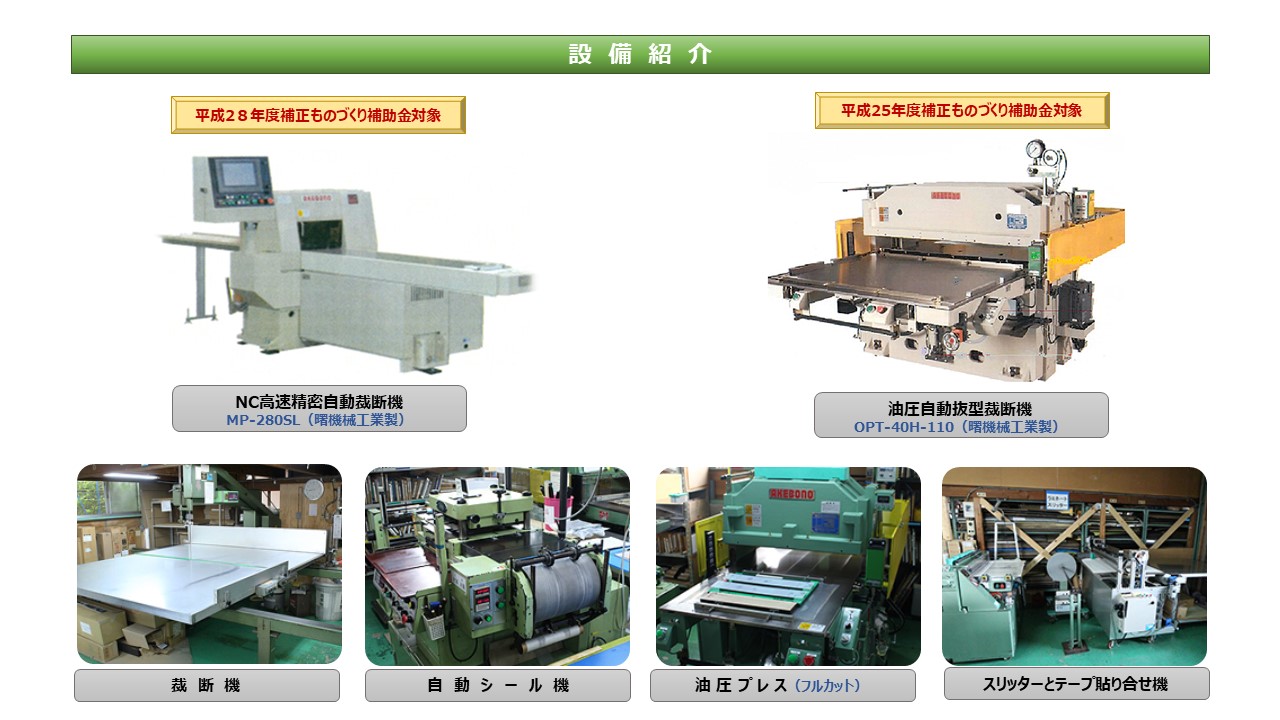 NC高速精密自動裁断機 MP-280SL（曙機械工業製） 油圧自動抜型裁断機 OPT-40H-110（曙機械工業製） 裁　断　機 自　動　シ　ー　ル　機　油 圧 プ レ ス（フルカット）　スリッターとテープ貼り合せ機