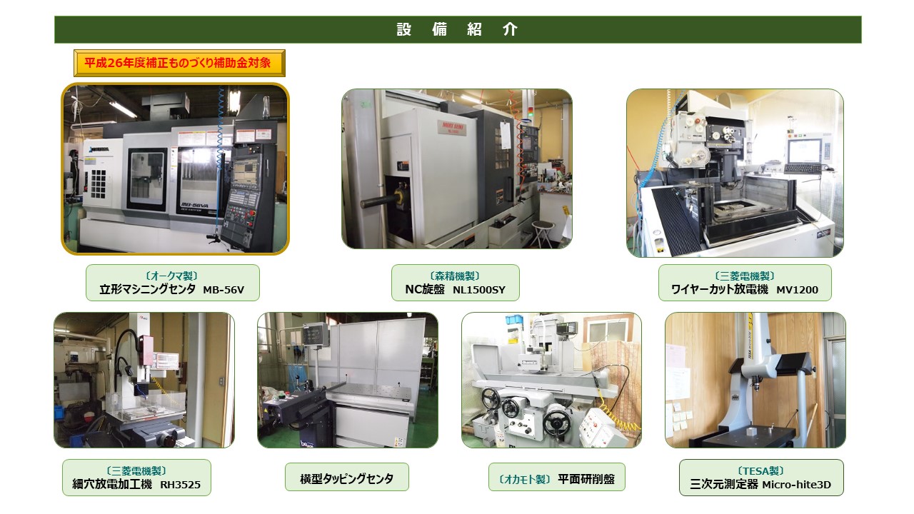 立形マシニングセンタ　NC旋盤　ワイヤーカット放電機　細穴放電加工機　横型タッピングセンタ　平面研削盤　三次元測定器 