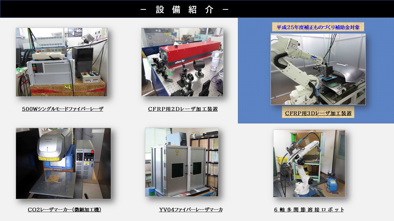 500Wシングルモードファイバーレーザ　CFRP用２Dレーザ加工装置　CFRP用３Dレーザ加工装置　CO2レーザマーカー（微細加工機）　YV04ファイバーレーザマーカ　６軸多関節溶接ロボット